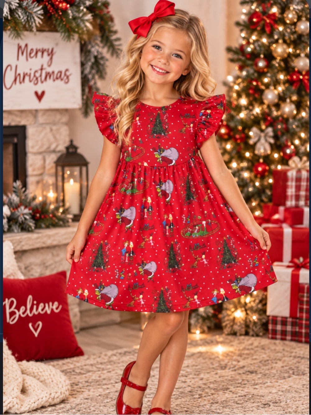 New Girls Red Grinch Holiday Christmas Print Flutter-Sleeve Dress Festive Fun